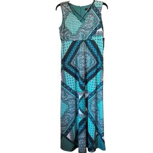 R&K Women's Dress 8P NWT Jade Print Halter Maxi Blue Green Sleeveless Petite